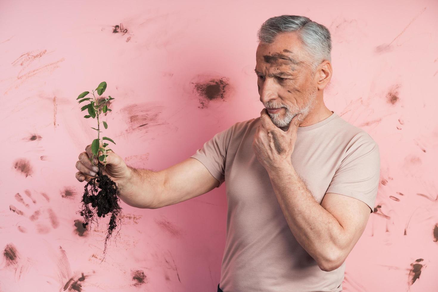 Elderly man examines the plant, he assesses whether it can be planted photo