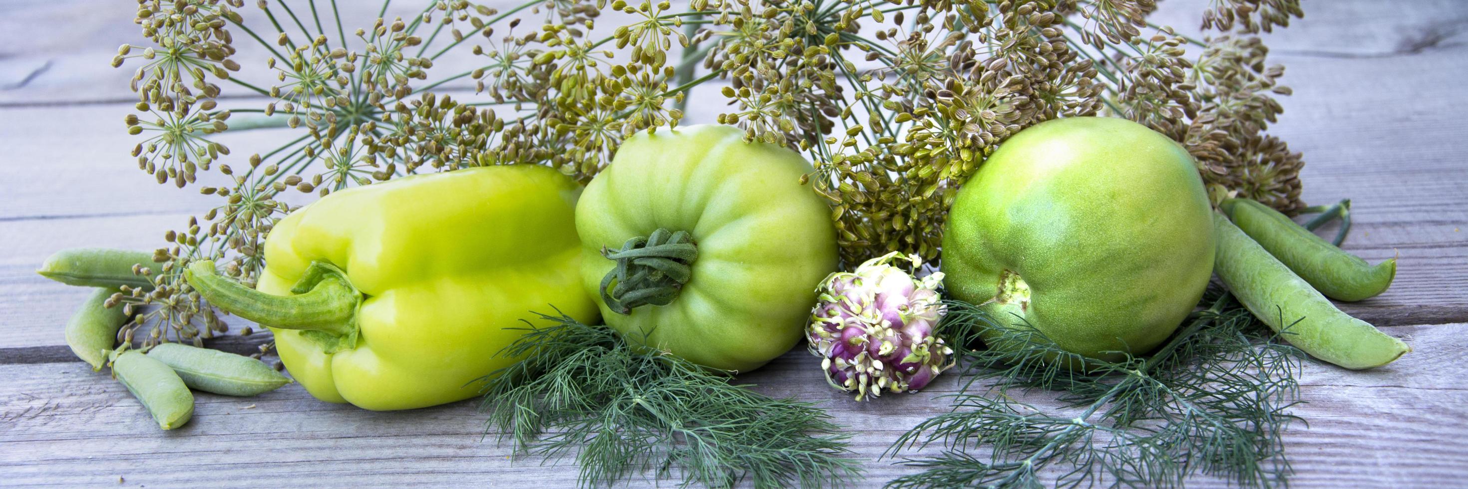 Tomatoes and a bunch of dill lie on background photo
