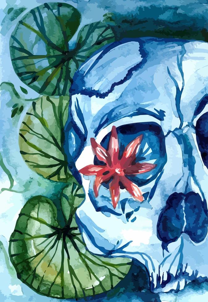 Aquarelle skull with lotus in the river vector