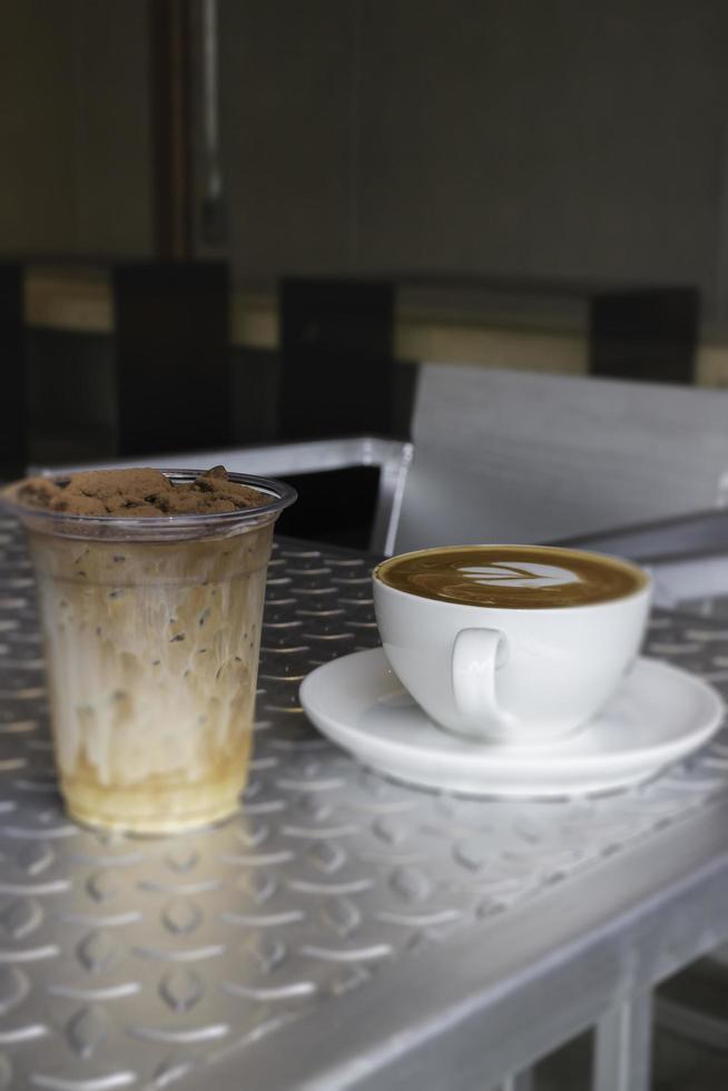 Iced chocolate and hot coffee latte photo