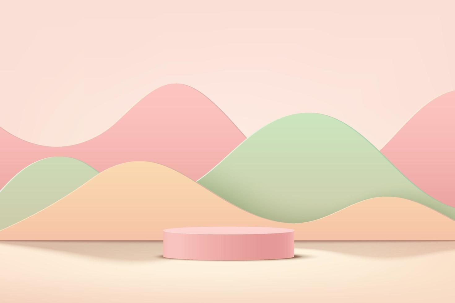 Abstract 3D pink cylinder pedestal podium with curve wavy layers. vector