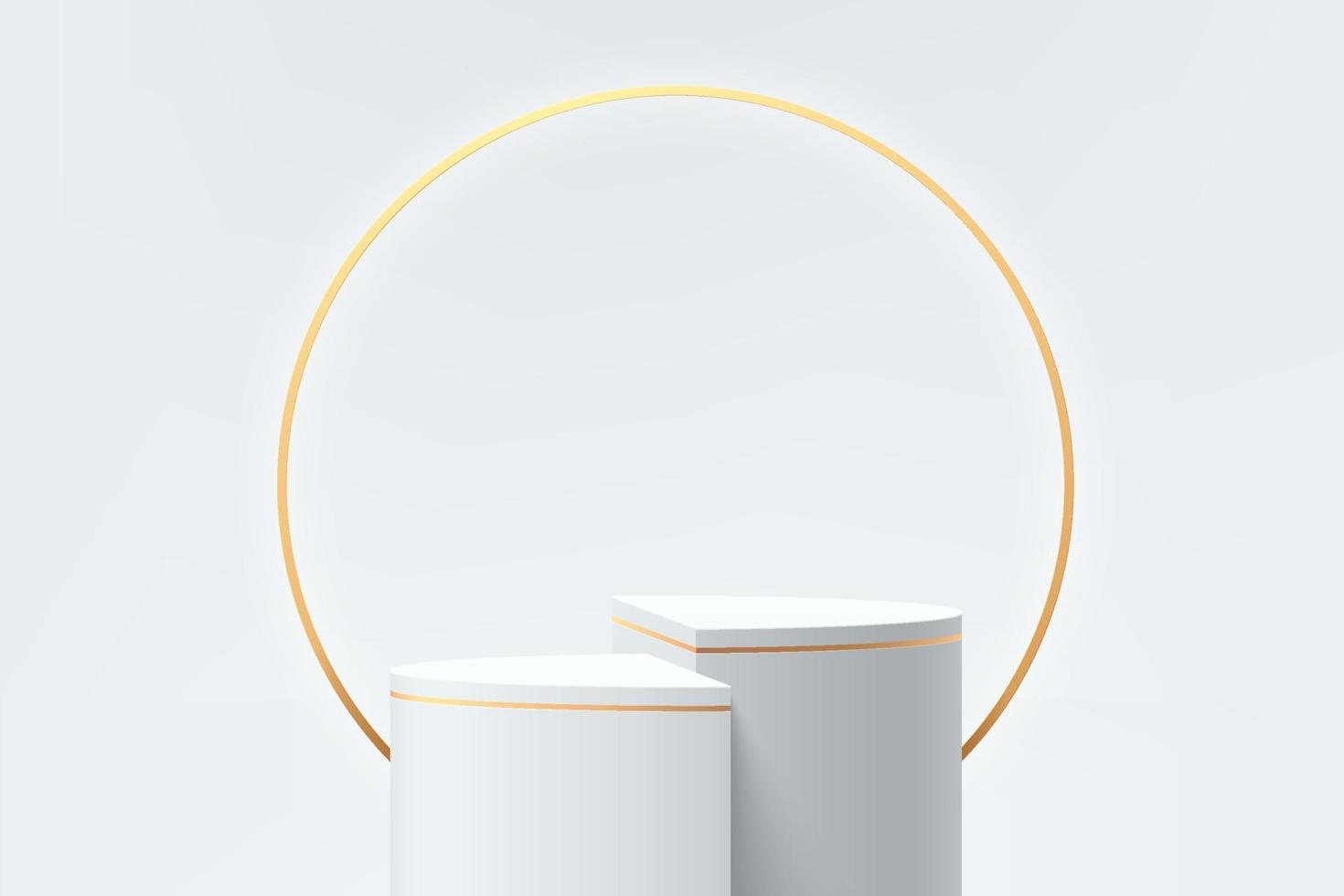 Abstract 3D white cylinder pedestal or stand podium and golden ring. vector