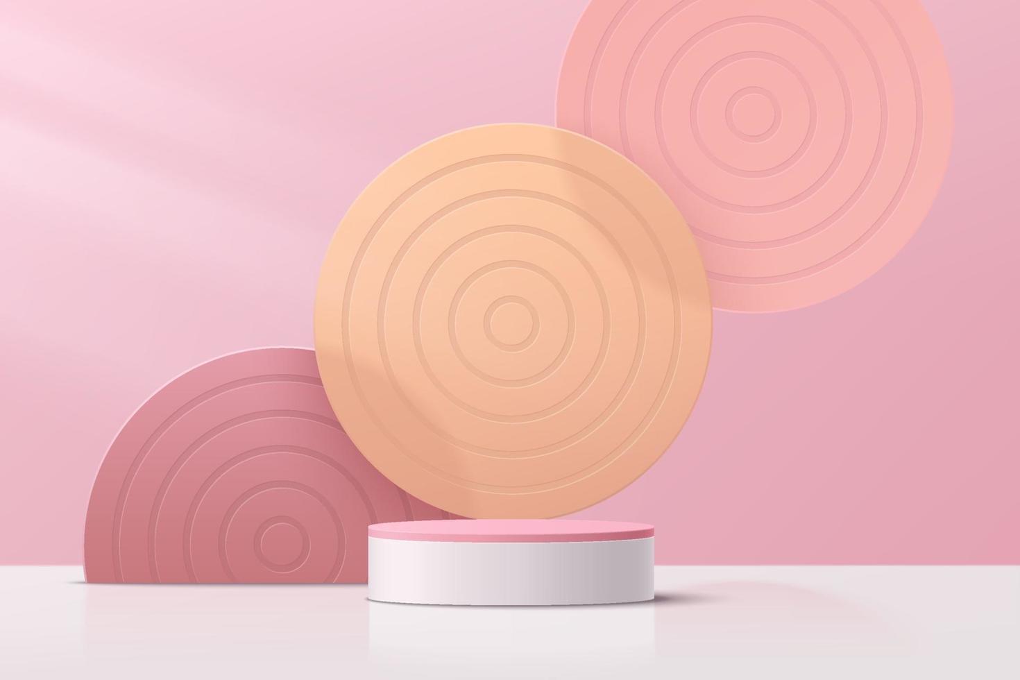 Abstract 3D pink, white cylinder pedestal podium with circle backdrop. vector