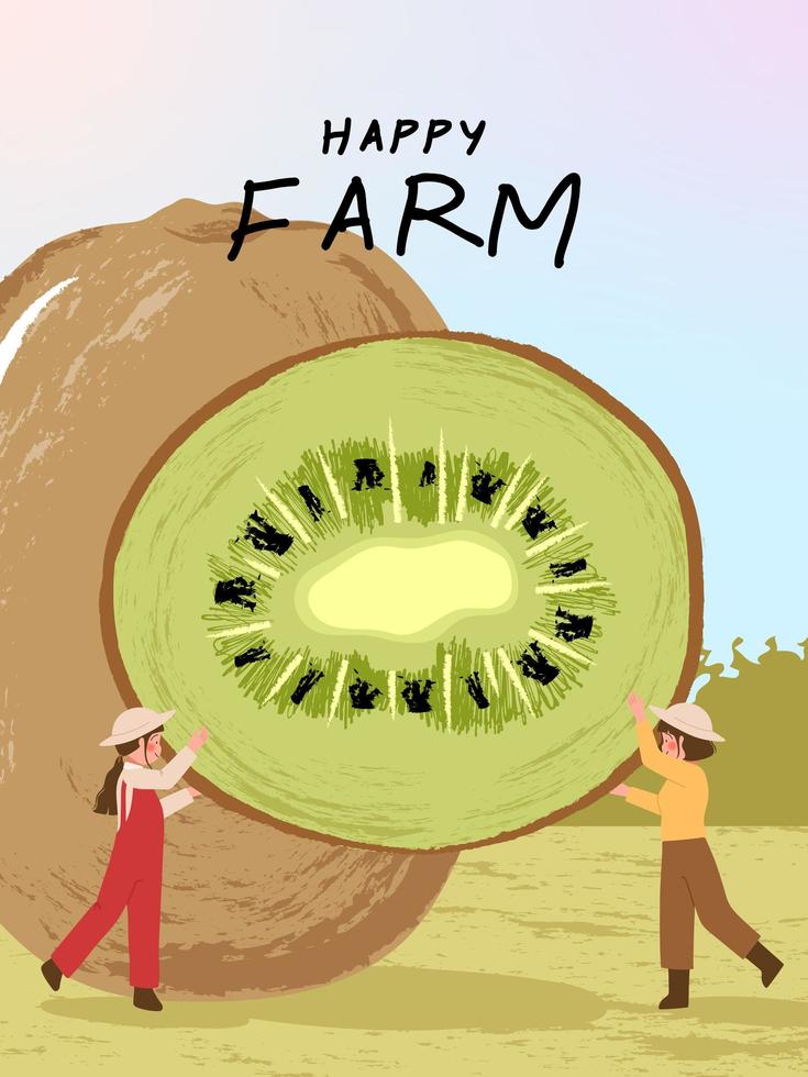 personajes de dibujos animados de agricultores con ilustración de cartel de cosecha de kiwis vector