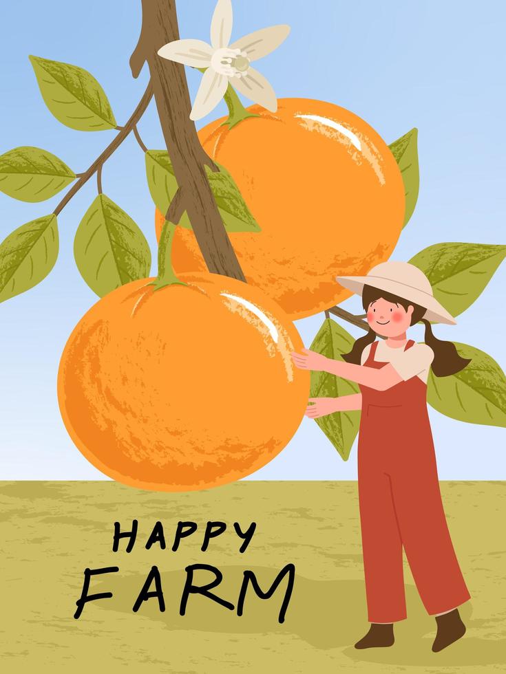 Personajes de dibujos animados de agricultores con gráficos de cosecha de cítricos naranjas vector