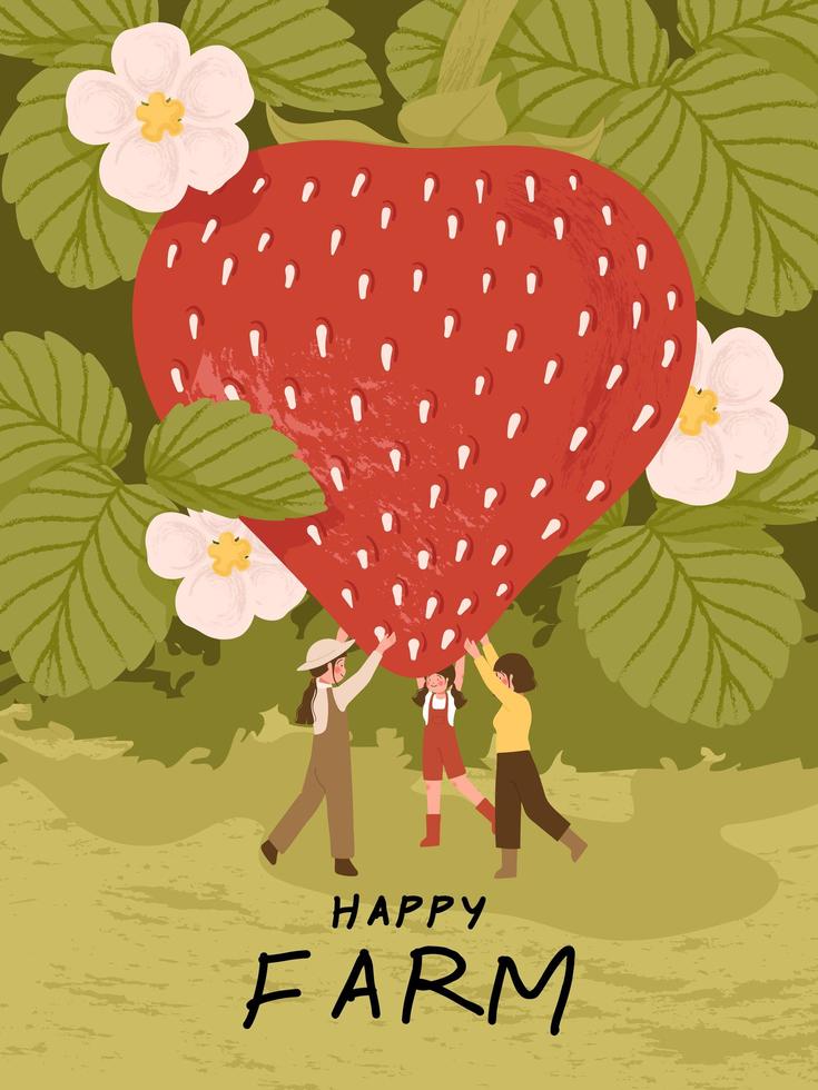 Farmer cartoon characters with  strawberry fruits poster illustrations vector