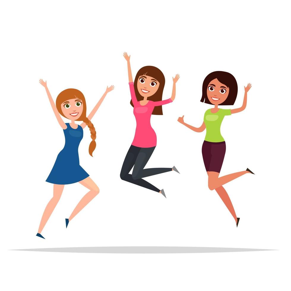 Happy group of girls jumping. White background. concept vector