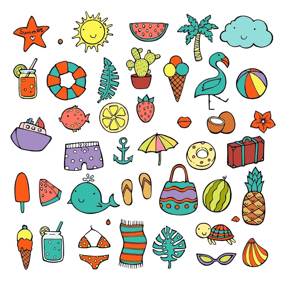 conjunto de iconos de verano lindo comida, bebidas, hojas de palmera, frutas vector