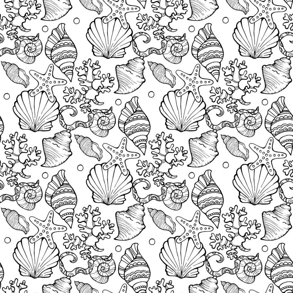 Hand drawn vector illustrations - seamless pattern of seashells