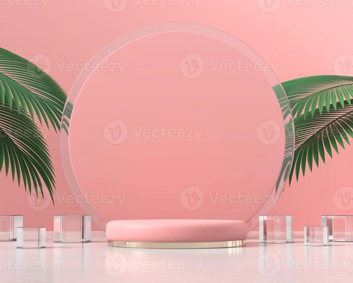 Pink platform podium for product display with palm leaves 3d render photo