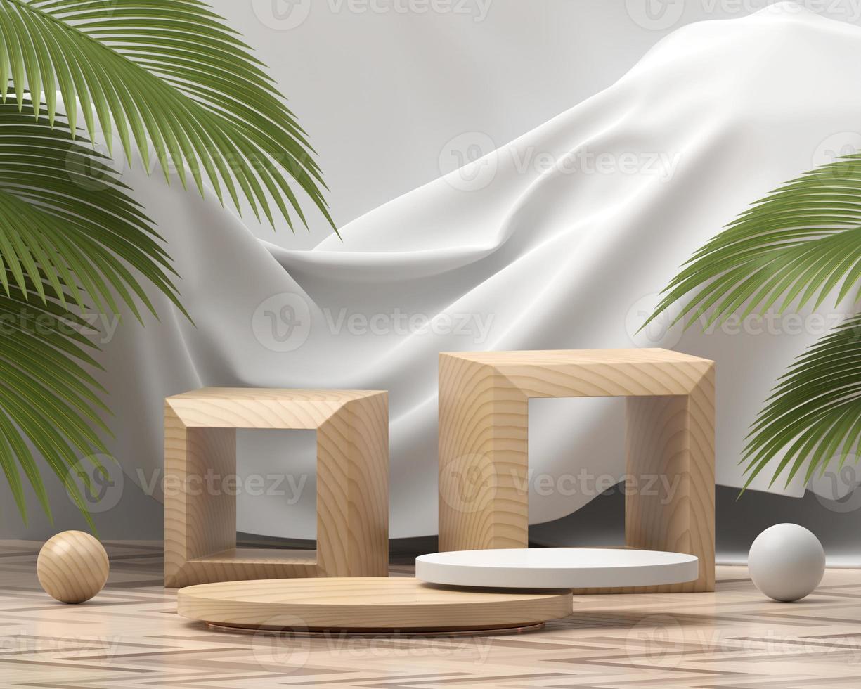 Wooden platform podium for product display with palm leaves 3d render photo