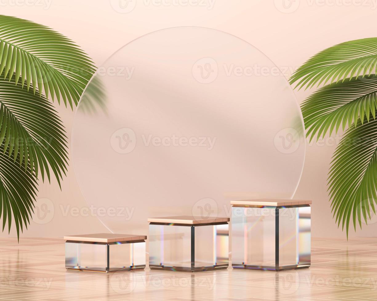 Glass platform podium for product display with palm leaves 3d render photo