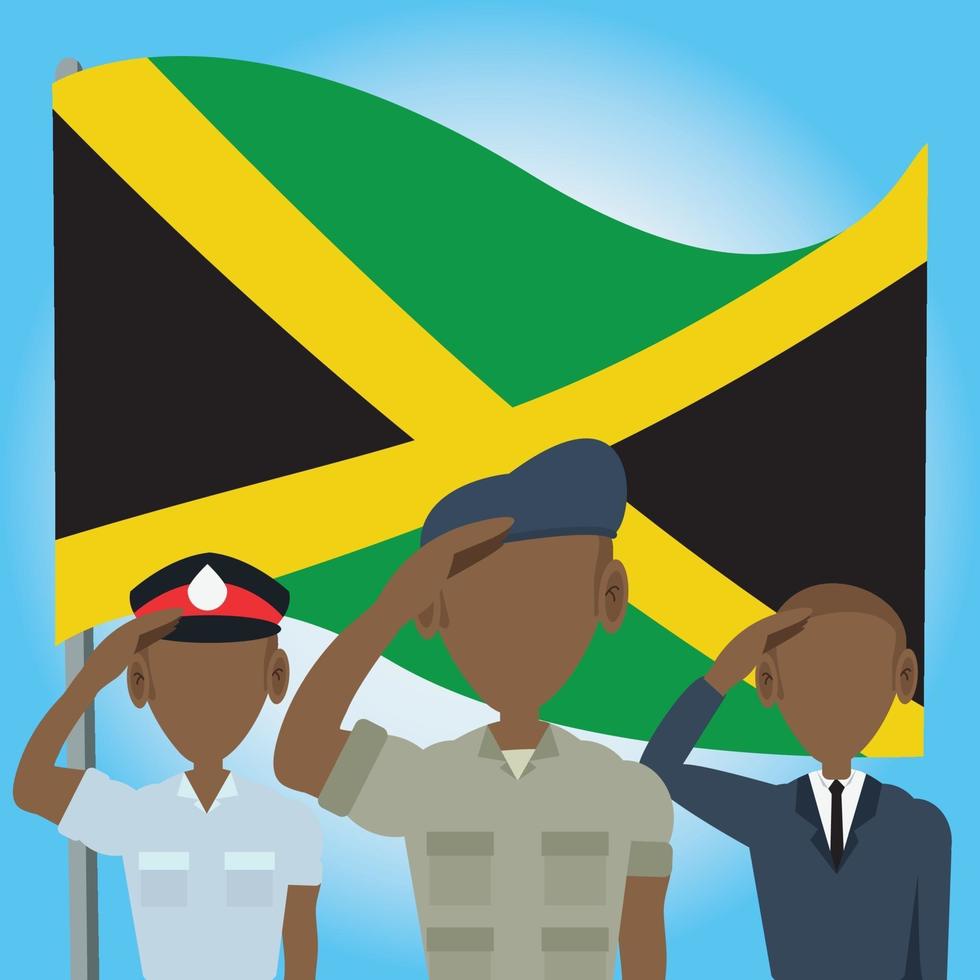 JAMAICA SOLDIER POLICEMAN AND ARMY SALUTING JAMAICA FLAG vector