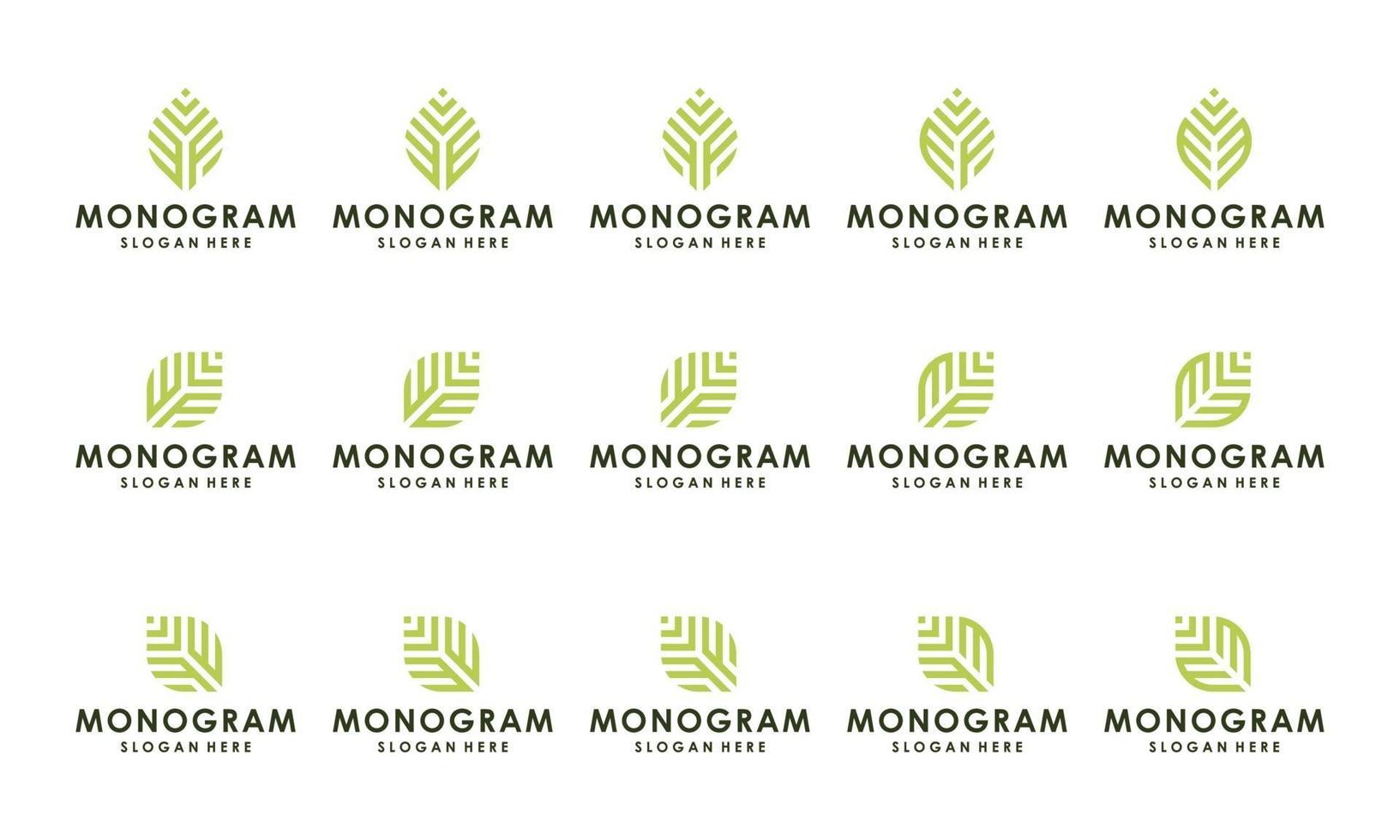 una colección de logotipos de monogramas con formas de hojas. prima vectorial. vector