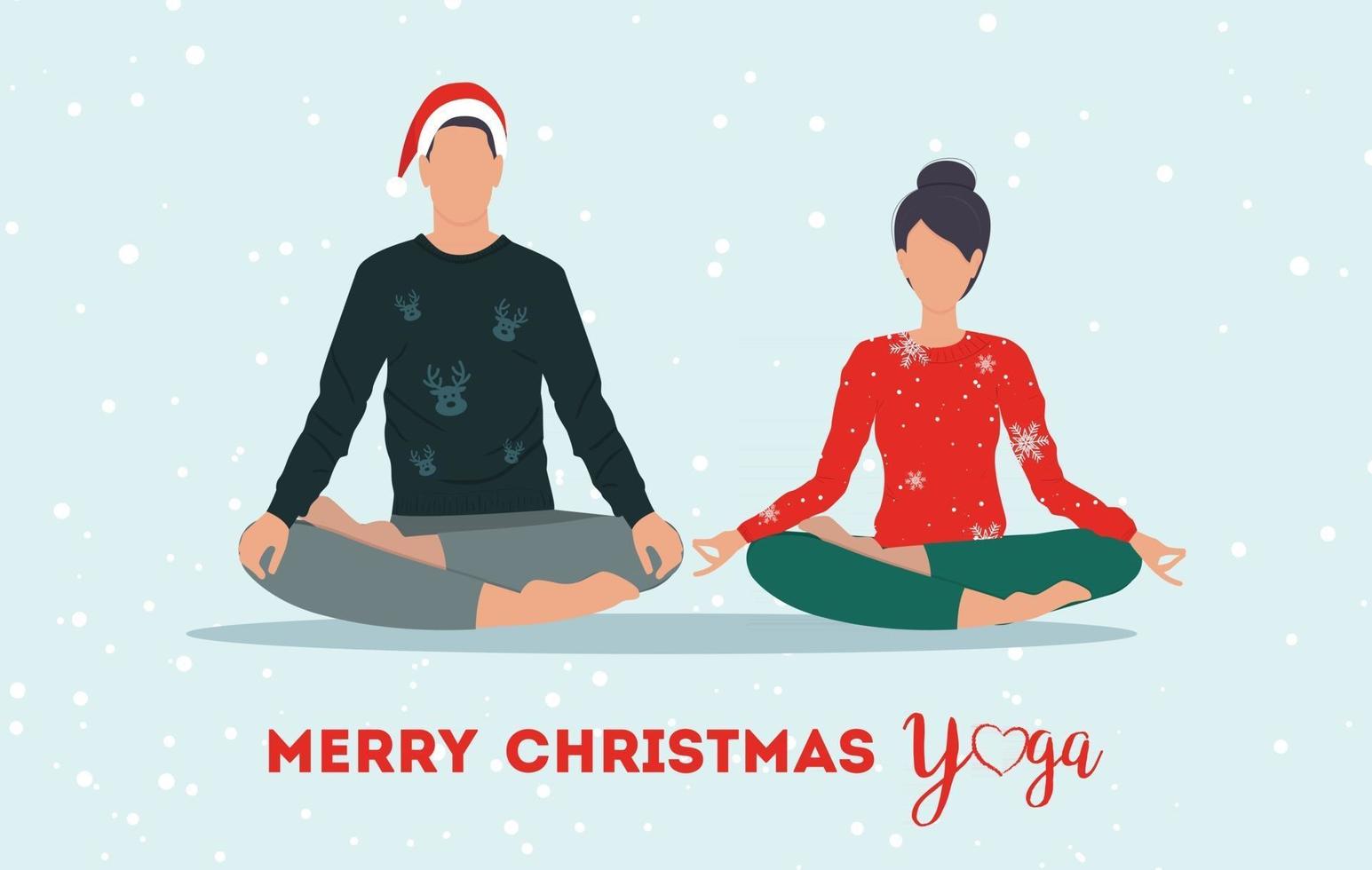 Young couple practice yoga together. Christmas. Vector illustration