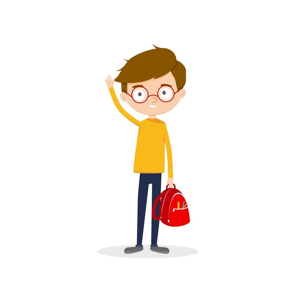 Back to school cute boy in glasses with a bag. Vector illustration