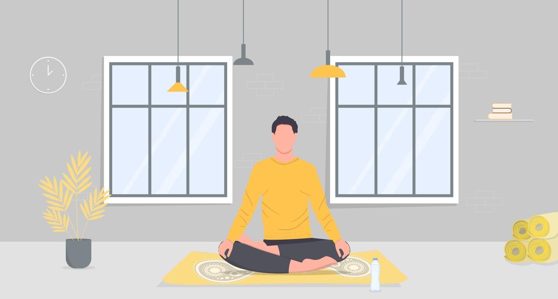 The man is meditating sitting in the lotus pose in the yoga studio vector
