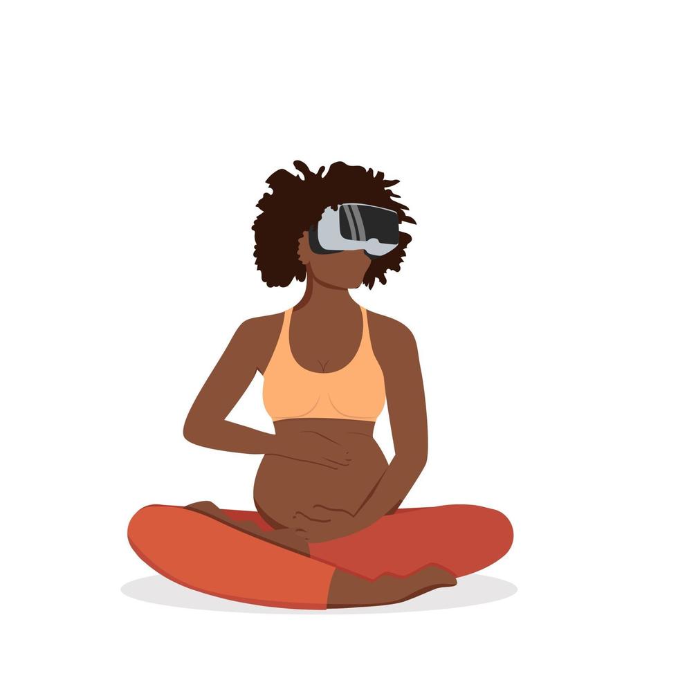 embarazada, africano, mujer negra, práctica, vr, yoga, aislado vector