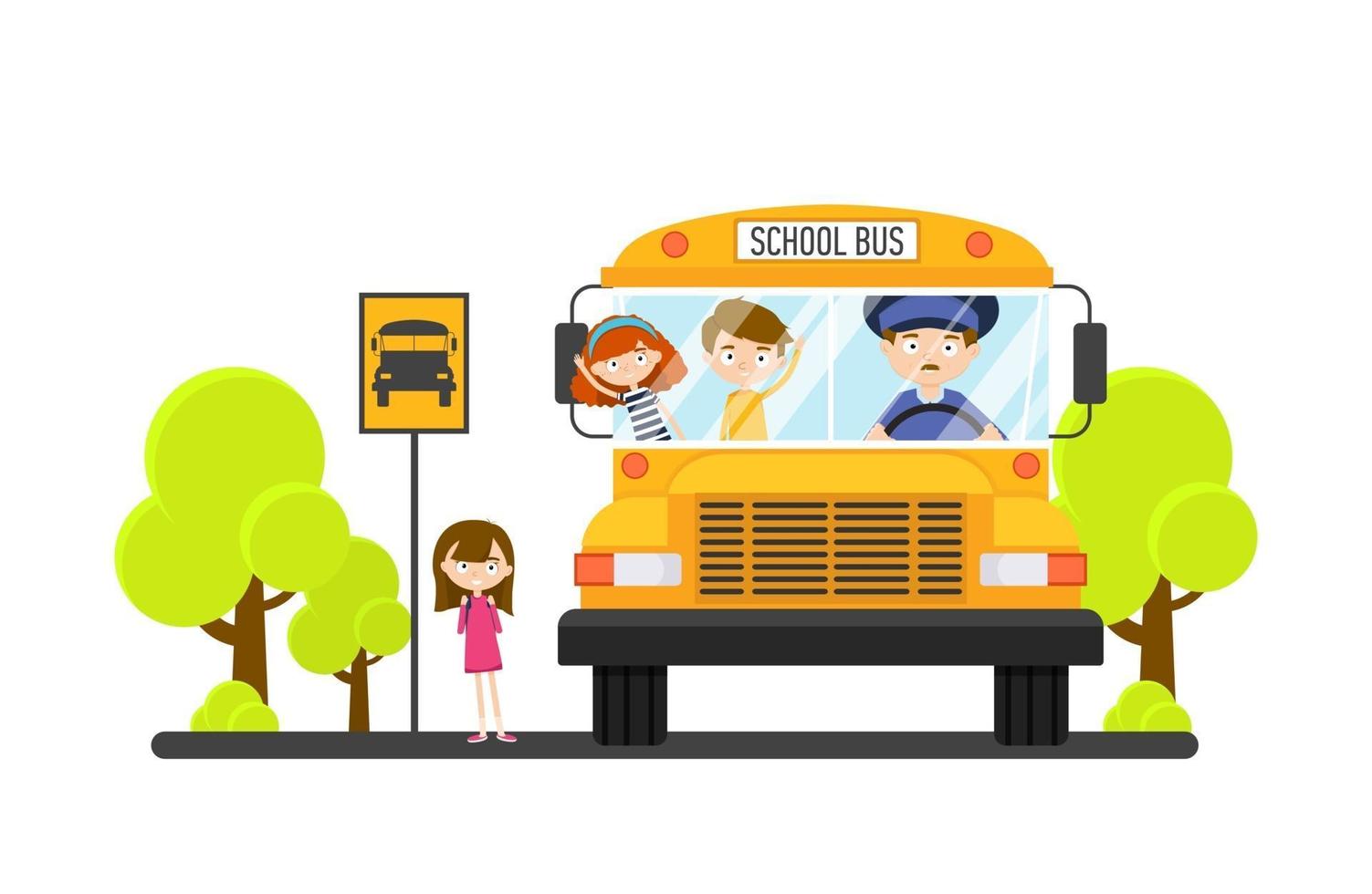 Children ride a school bus with a driver. Back to school vector