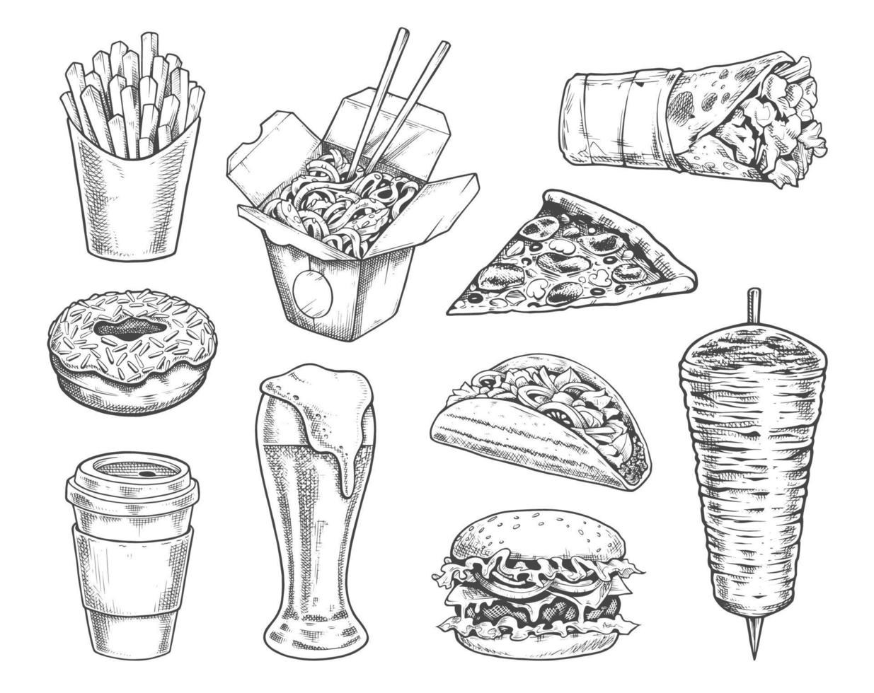 comida callejera retro ilustraciones vector conjunto