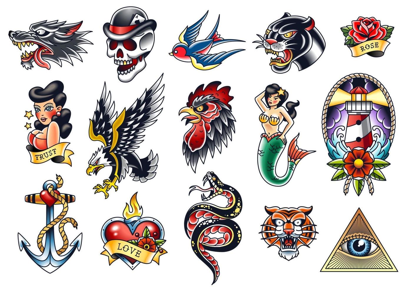 vector, conjunto, de, tradicional, tatuaje, artes vector