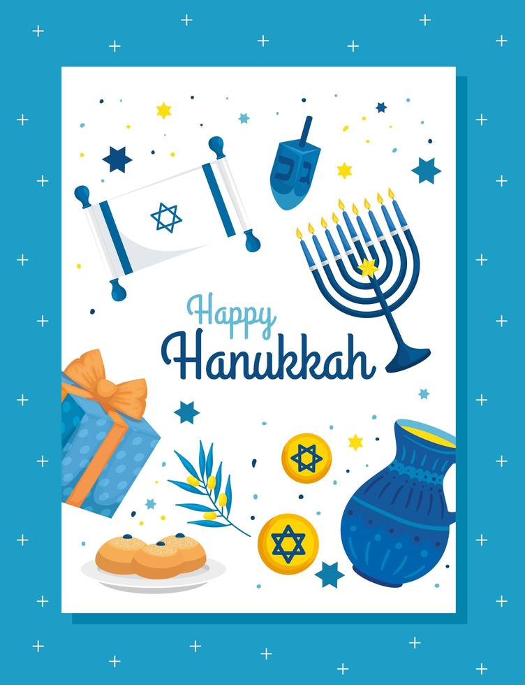 happy hanukkah with candles and set decoration vector