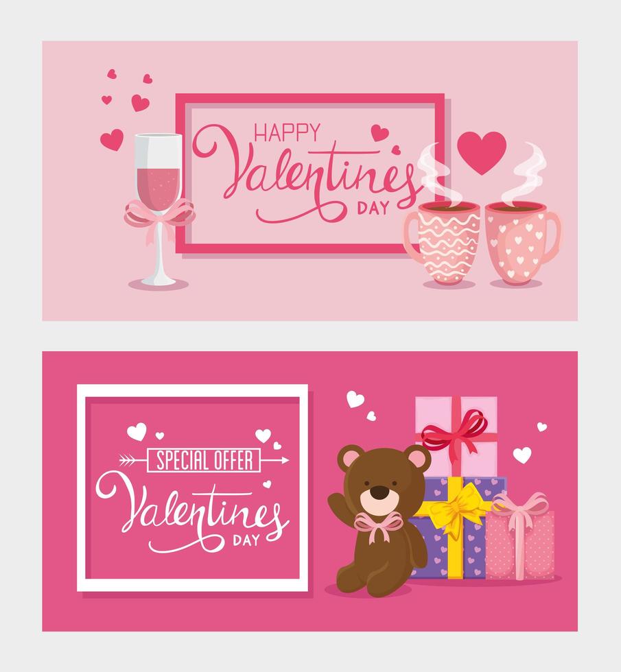 Establecer tarjetas de feliz día de San Valentín con decoración vector