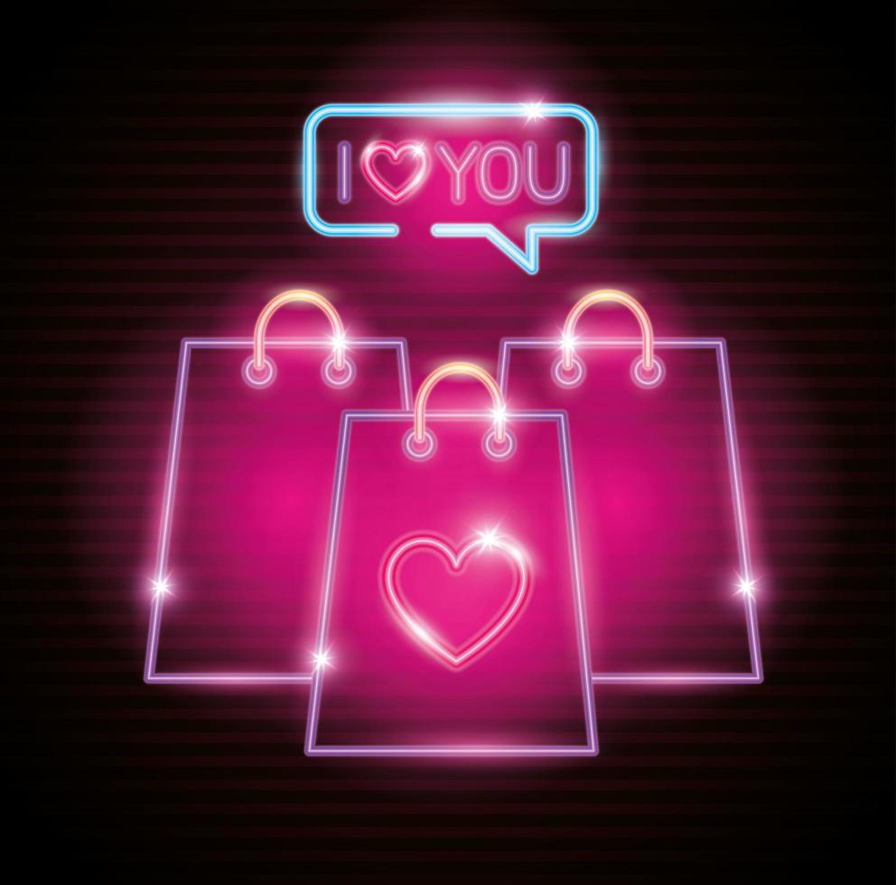 día de san valentín de compras de bolsas de luces de neón. vector