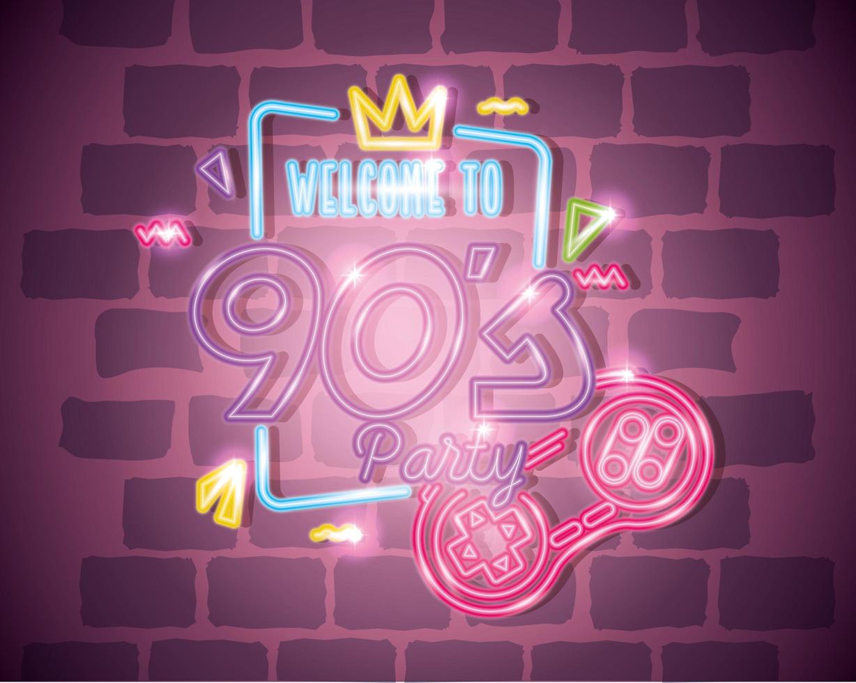 poster of welcome nineties party with control game of neon light vector