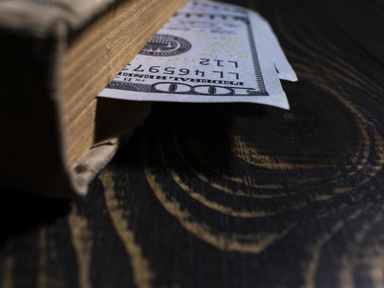 Old book and two hundred dollars bookmark in a thick book photo