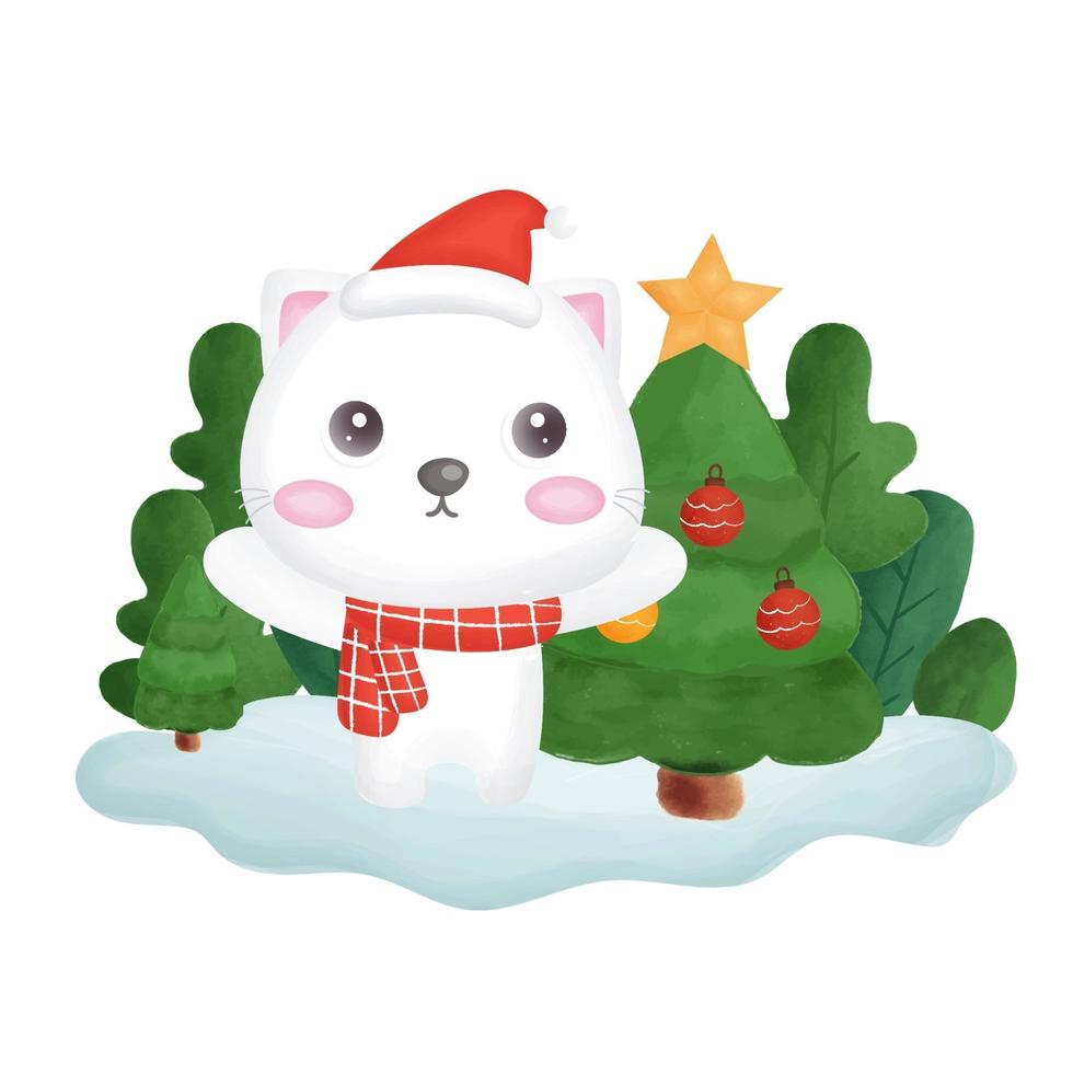 tarjeta de navidad con gato de color de agua en el bosque. vector