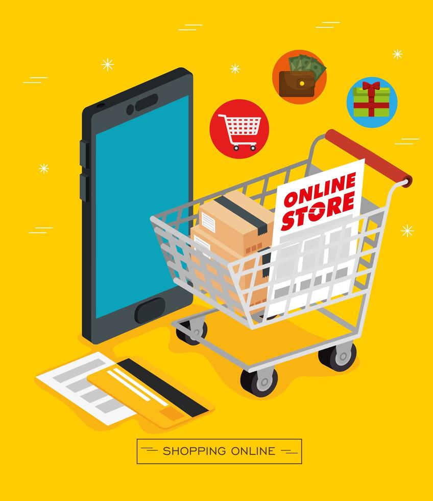 smartphone and shopping cart with icons of store online vector