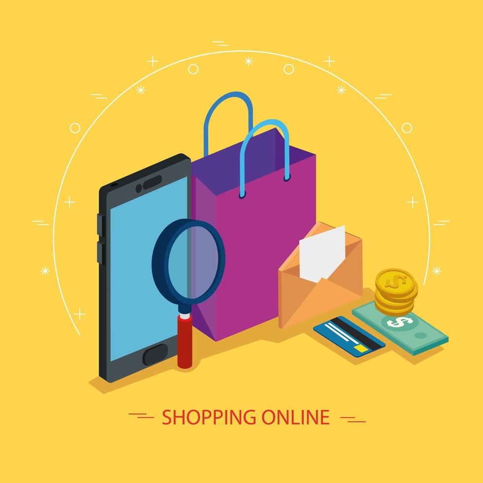 smartphone and magnifying glass with icons of shopping online vector