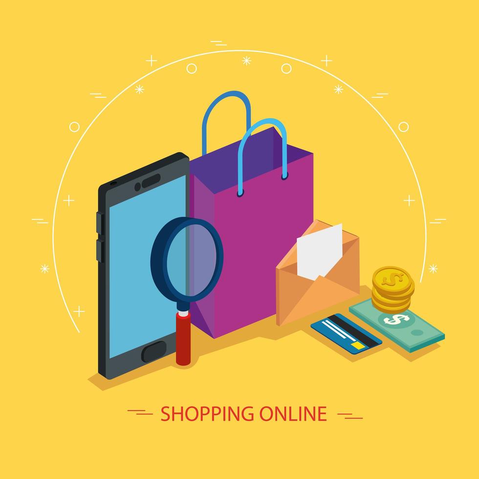 smartphone y lupa con iconos de compras online vector