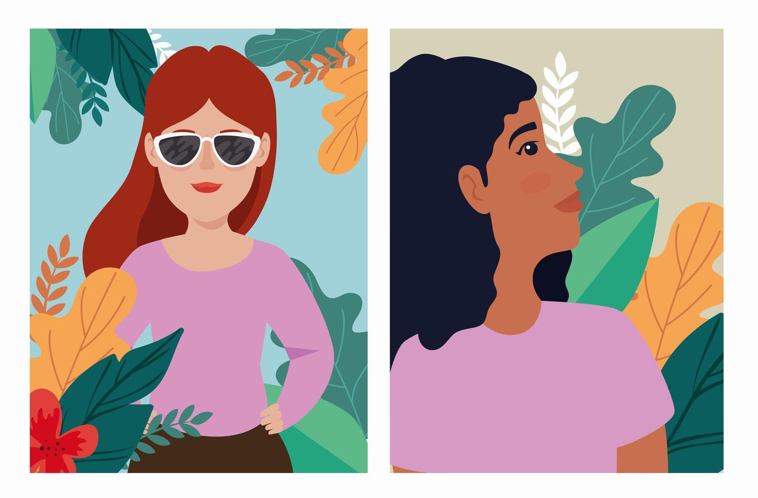 group women with tropicals leafs scenes avatar character vector