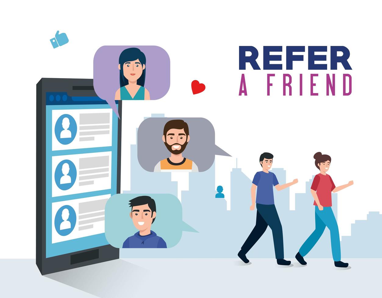 poster of refer a friend with young people and smartphone vector