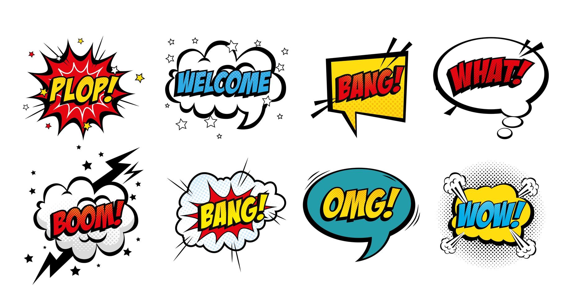 set of expressions and explosions pop art style icon vector