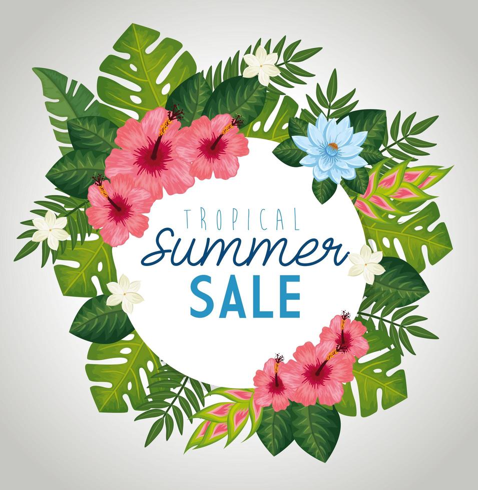 tropical summer sale with frame of leafs and flowers vector