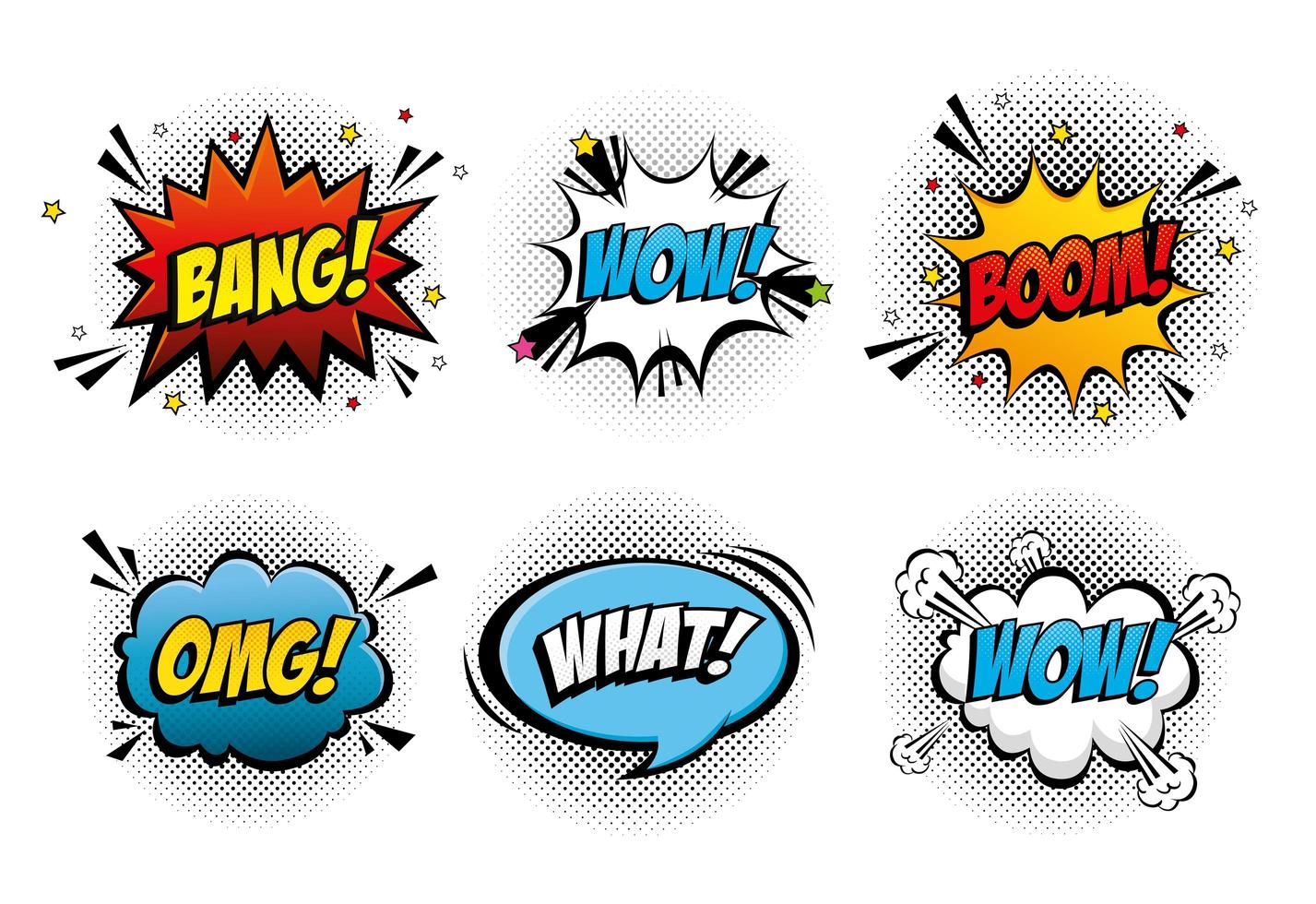 set of expressions and explosions pop art style icon vector