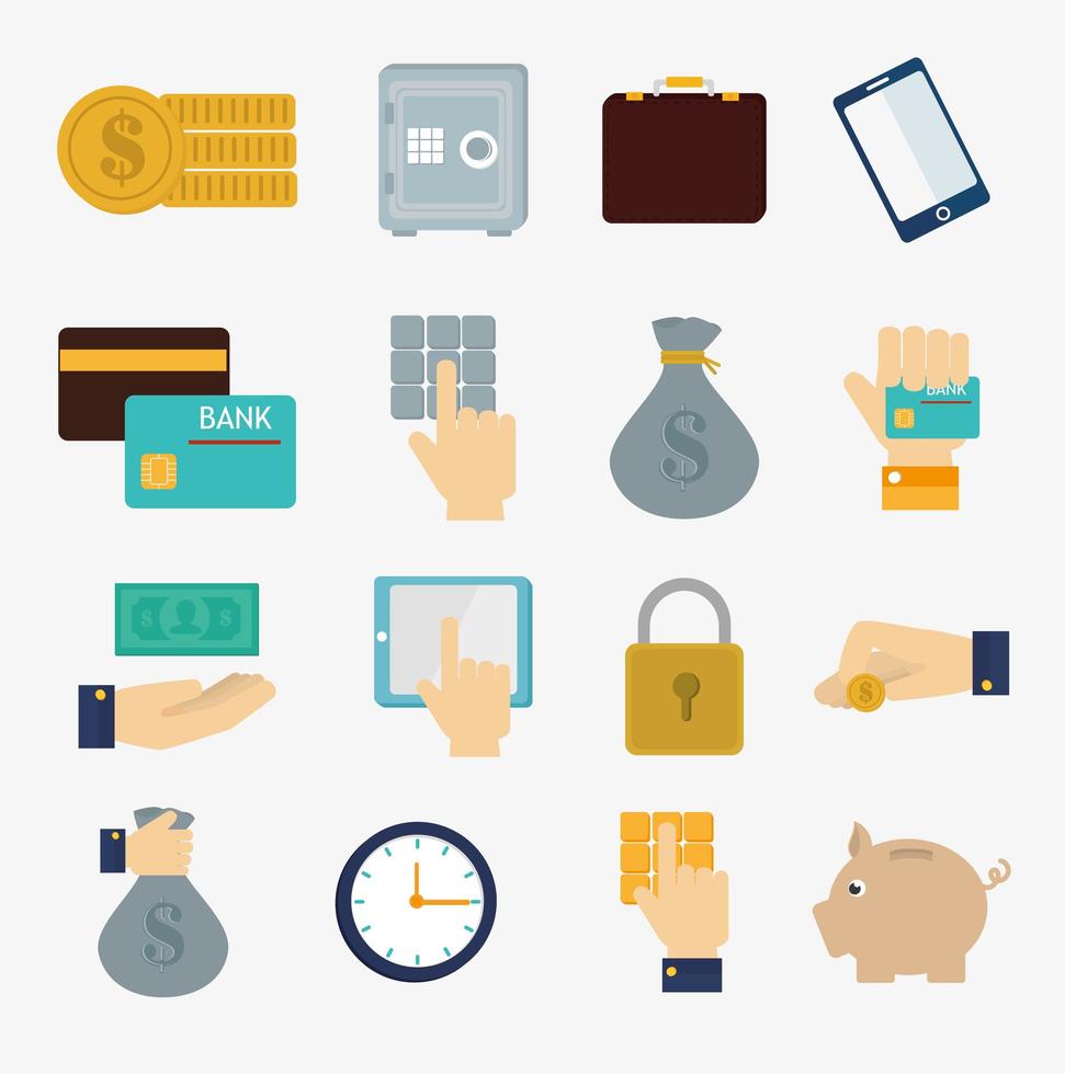 bundle of hands with finance set icons vector