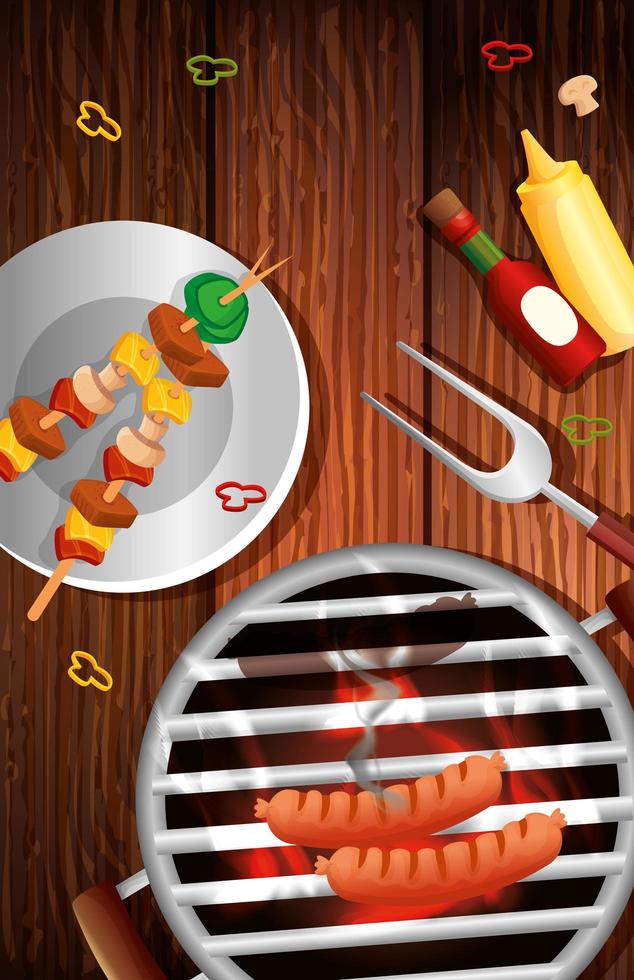 grill menu with oven and icons in wooden background vector