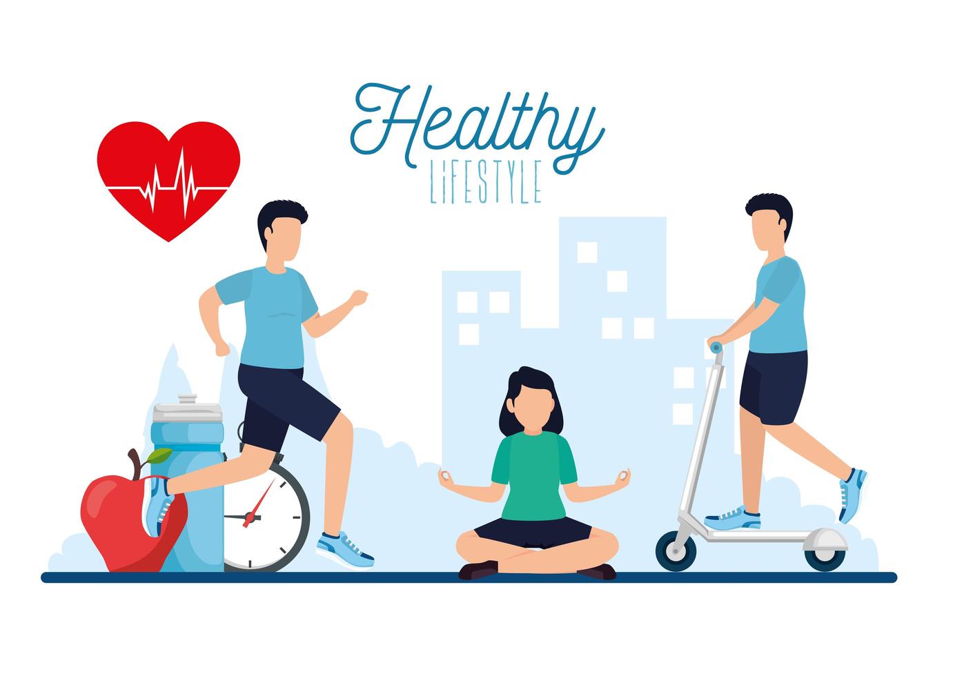 poster healthy lifestyle with people and icons vector