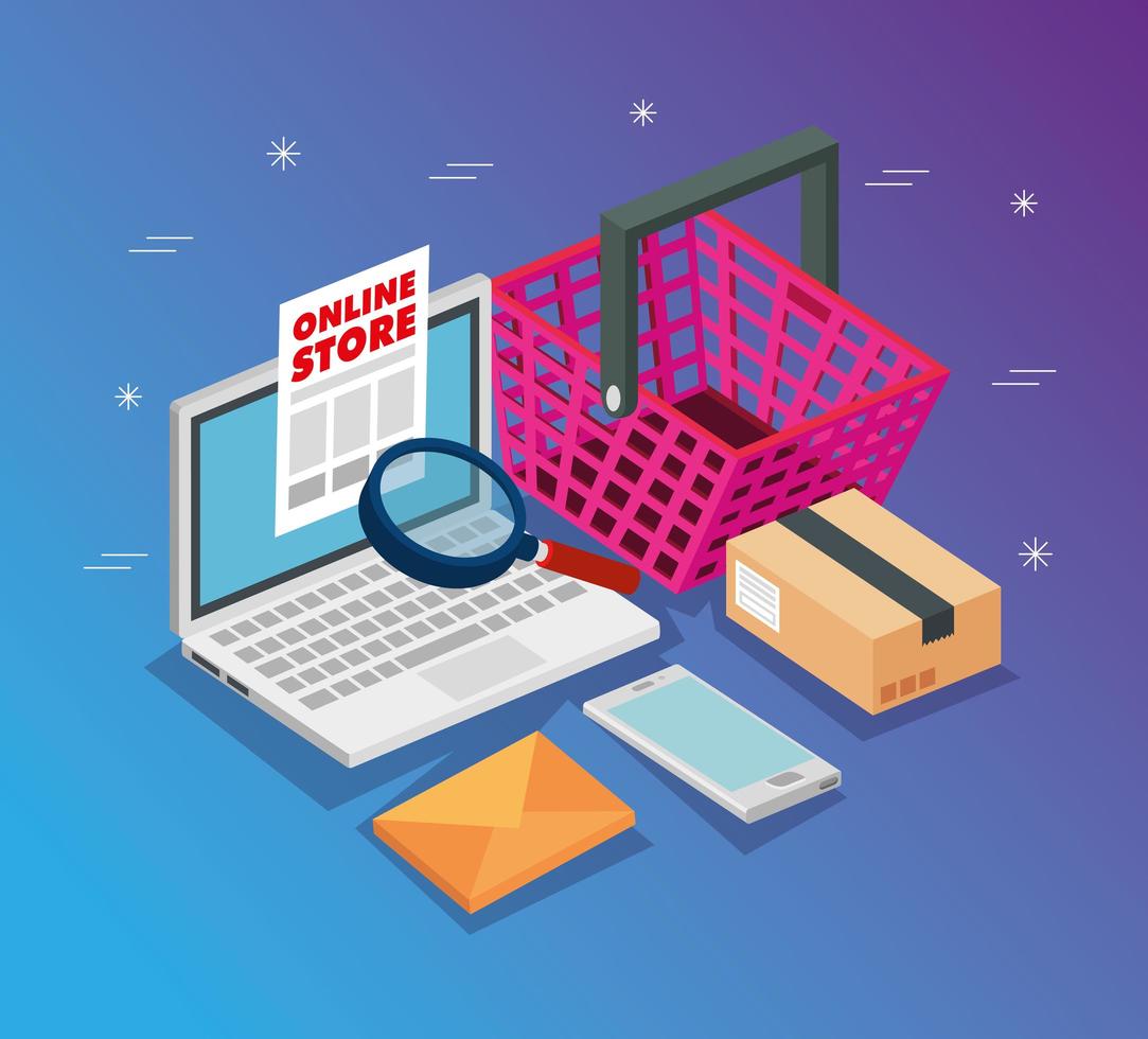 laptop with icons of store online vector
