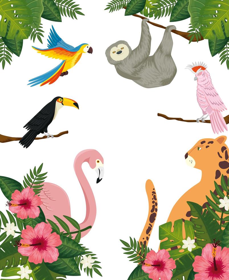 group of animals exotics with flowers and leafs vector