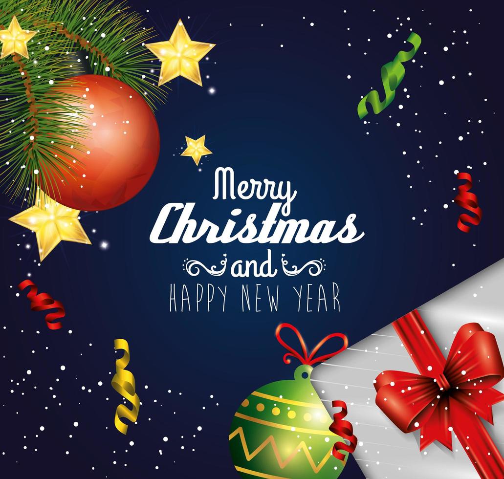 poster of merry christmas and happy new year with decoration vector