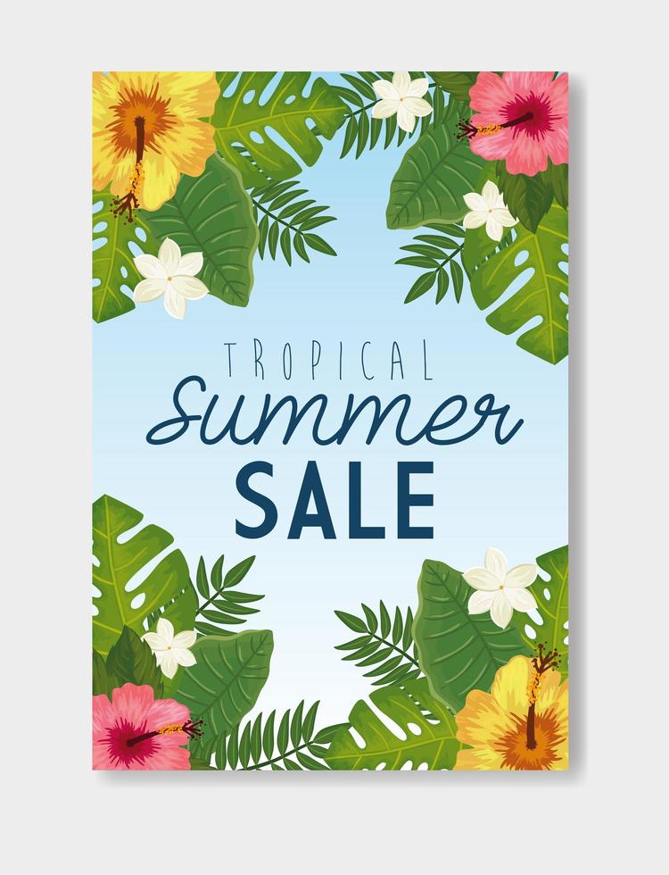 tropical summer sale with frame and flowers vector