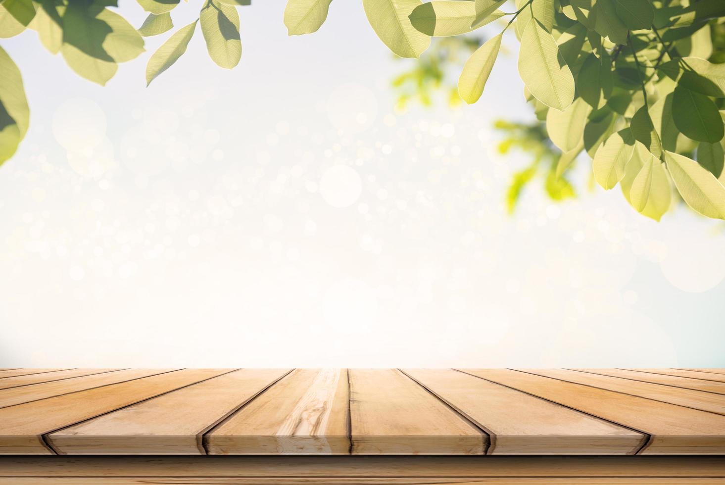 Empty wooden table over green tree in garden under sunrise. photo