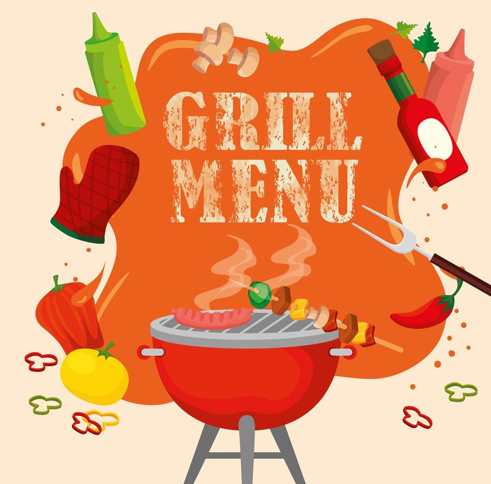 delicioso menú grill con horno y comida vector