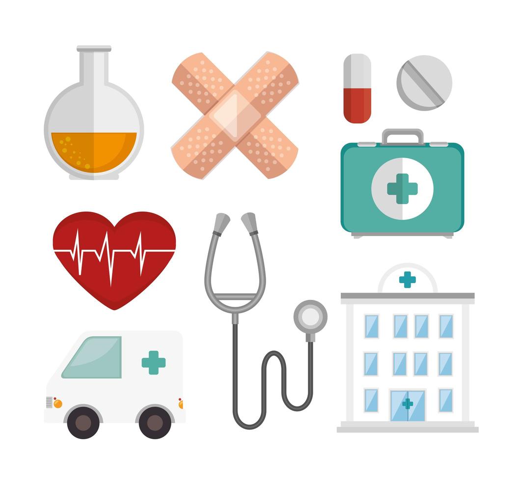 paquete de medicina con iconos de conjunto vector