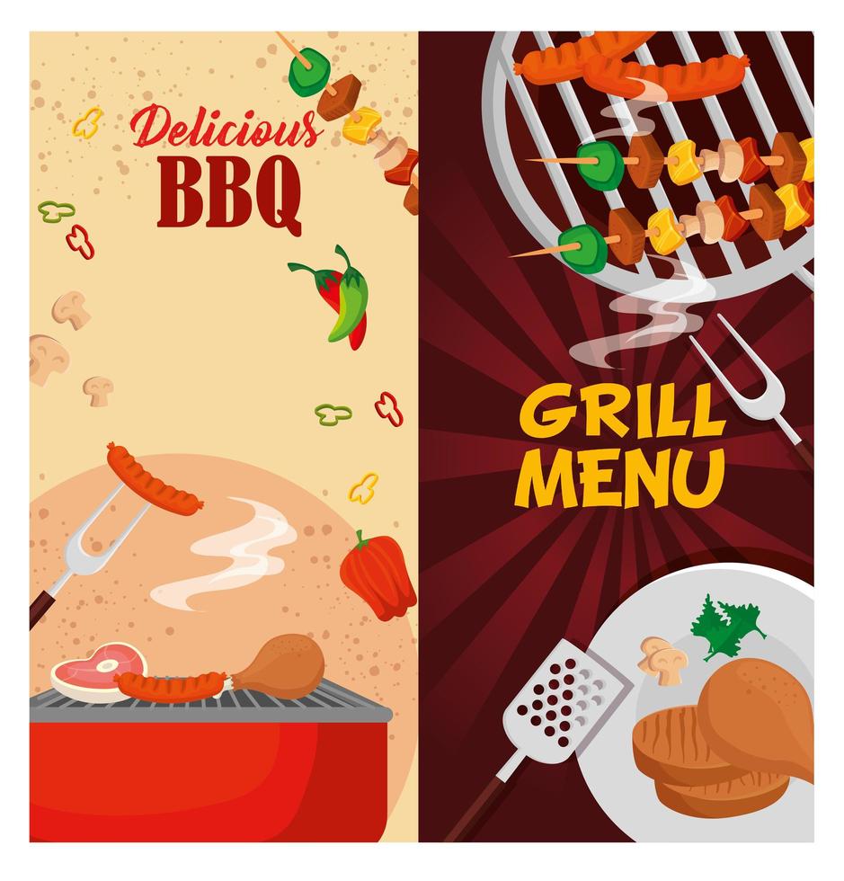 delicious grill menu with oven and meats vector